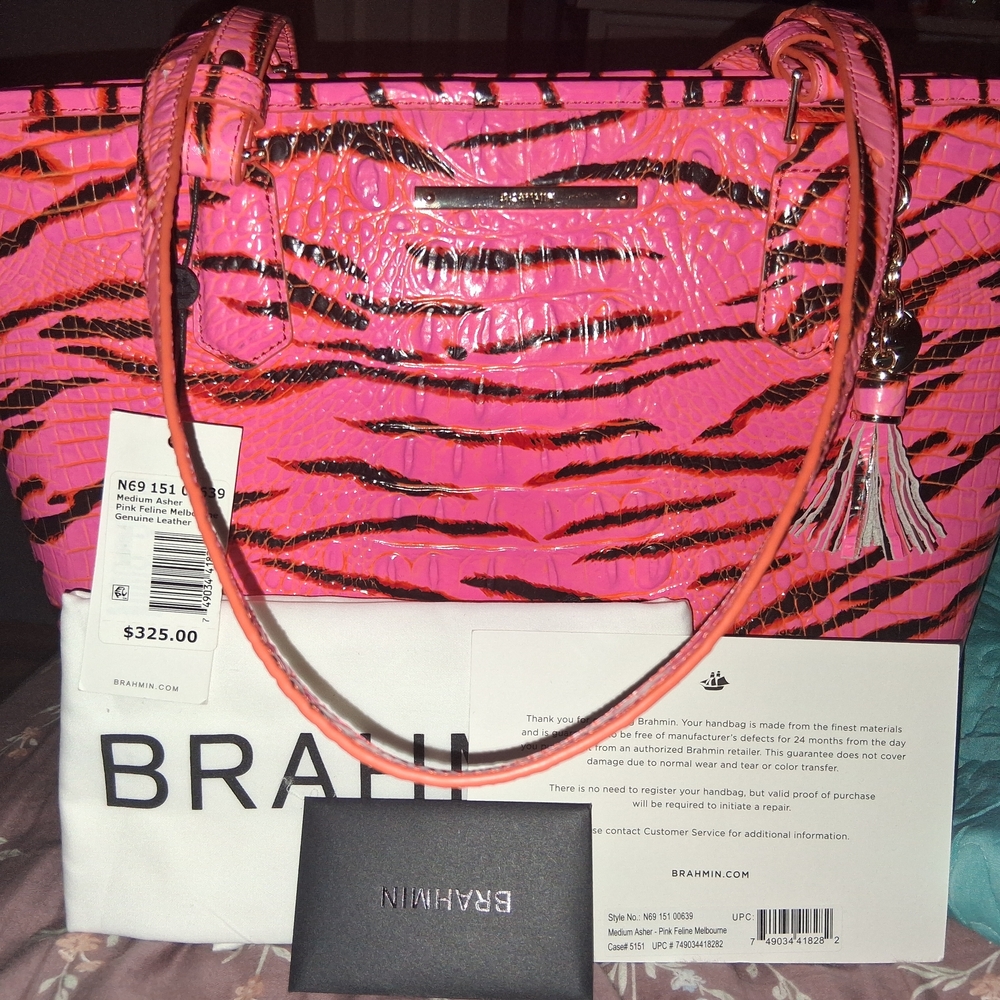 Brahmin Hot Pink and Black Tiger-Stripe Leather Tote